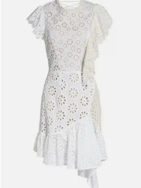 Sea New York White Eyelet Asymmetrical Ruffle Dress